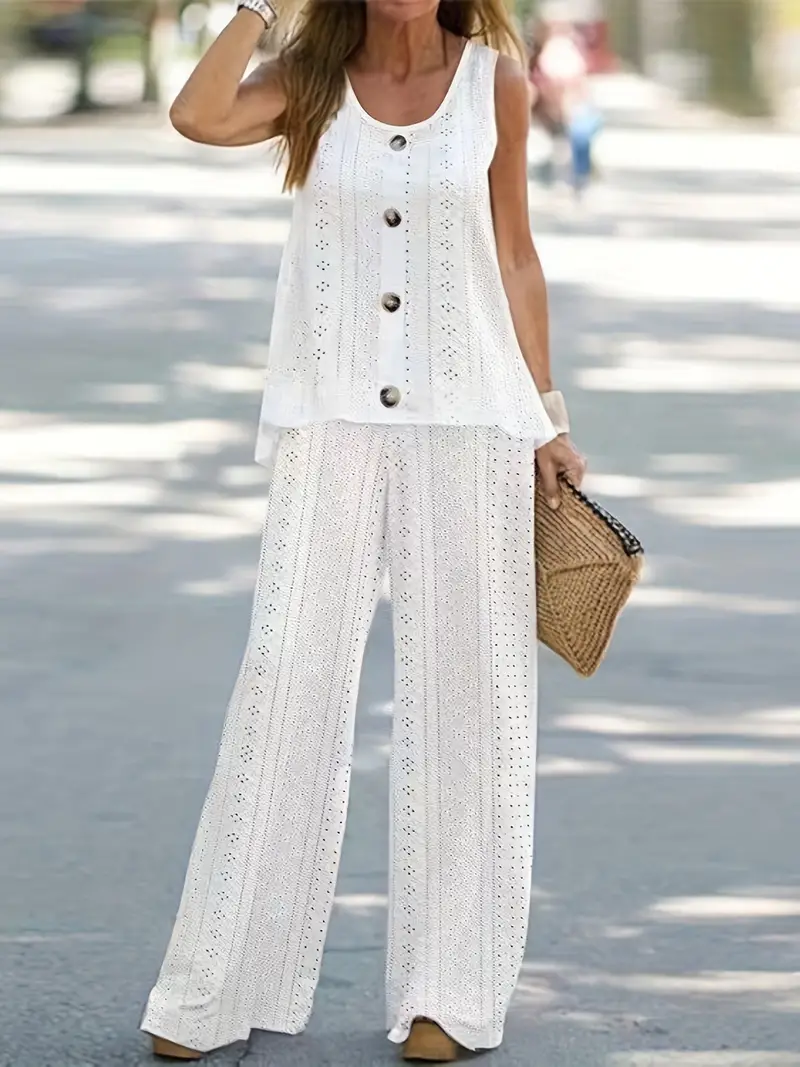 Solid Matching Two piece Set Casual Eyelet Tank Top Wide Leg - Temu