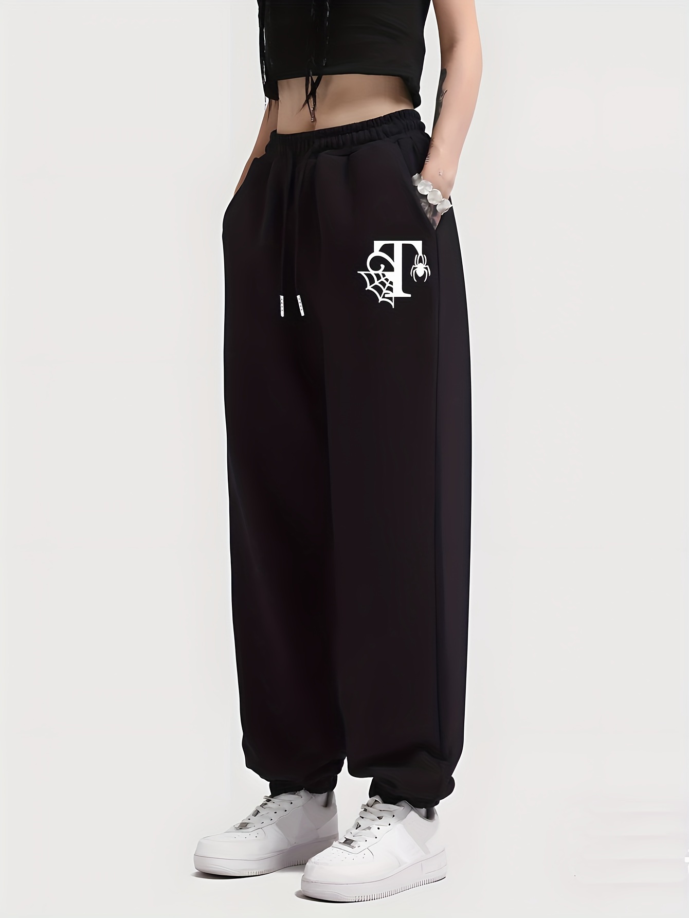 Women Elastic Sweatpants Skeleton Print Joggers Pants with Pockets