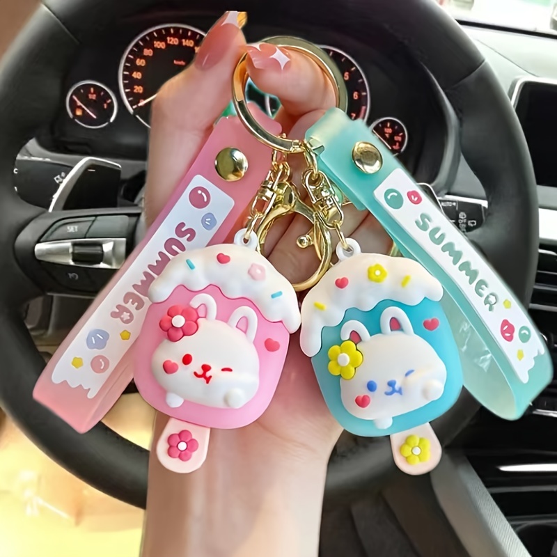 Cartoon Rabbit Ice Cream Creative Cute Car Keychain, Car Keyring School Bag Pendant Fashion Gift Car Accessories,Key Chain,Key Fob,Temu