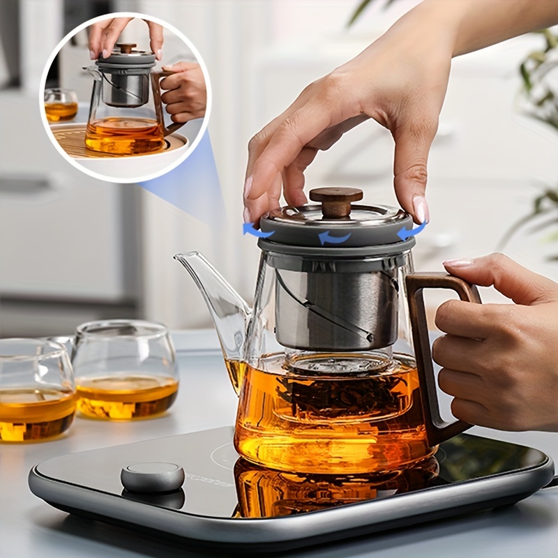 1pc, Teapot, Heat-resistant Glass Teapot, Glass Teapot With Tea Filter,  Thickened Glass Tea Pot With Wooden Handle, Glass Teapot For Ceramic Stove