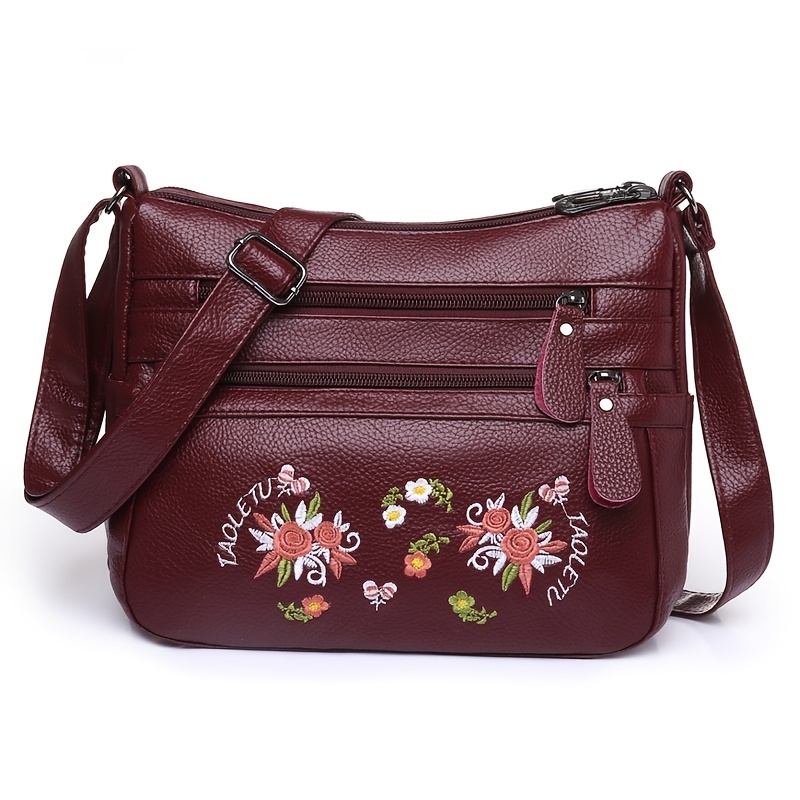 Leather Cross Body Bag with Embroidery (Light brown leather