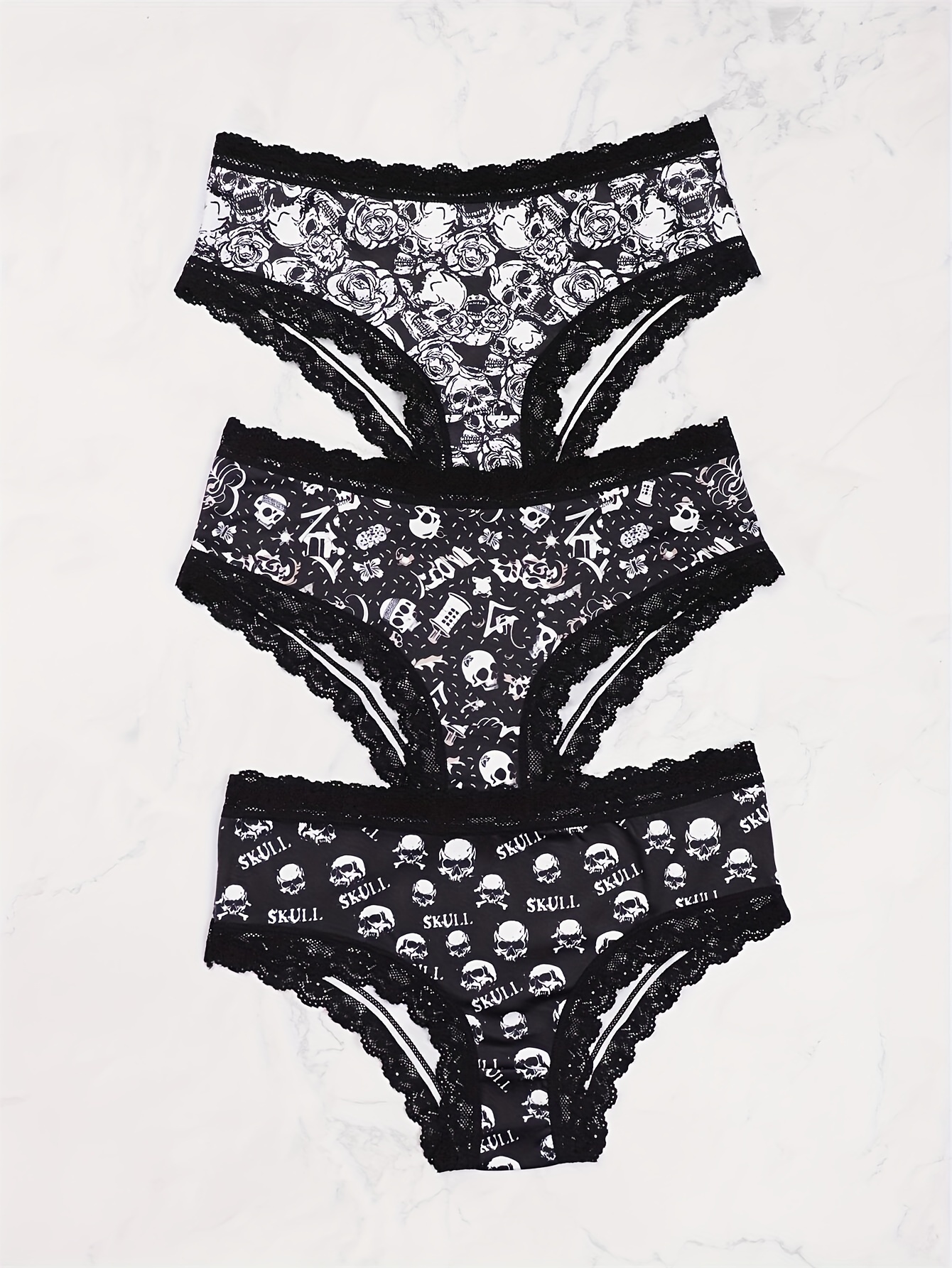 Contrast Lace Hipster Panties Skull Print Intimates Panties - Temu Australia