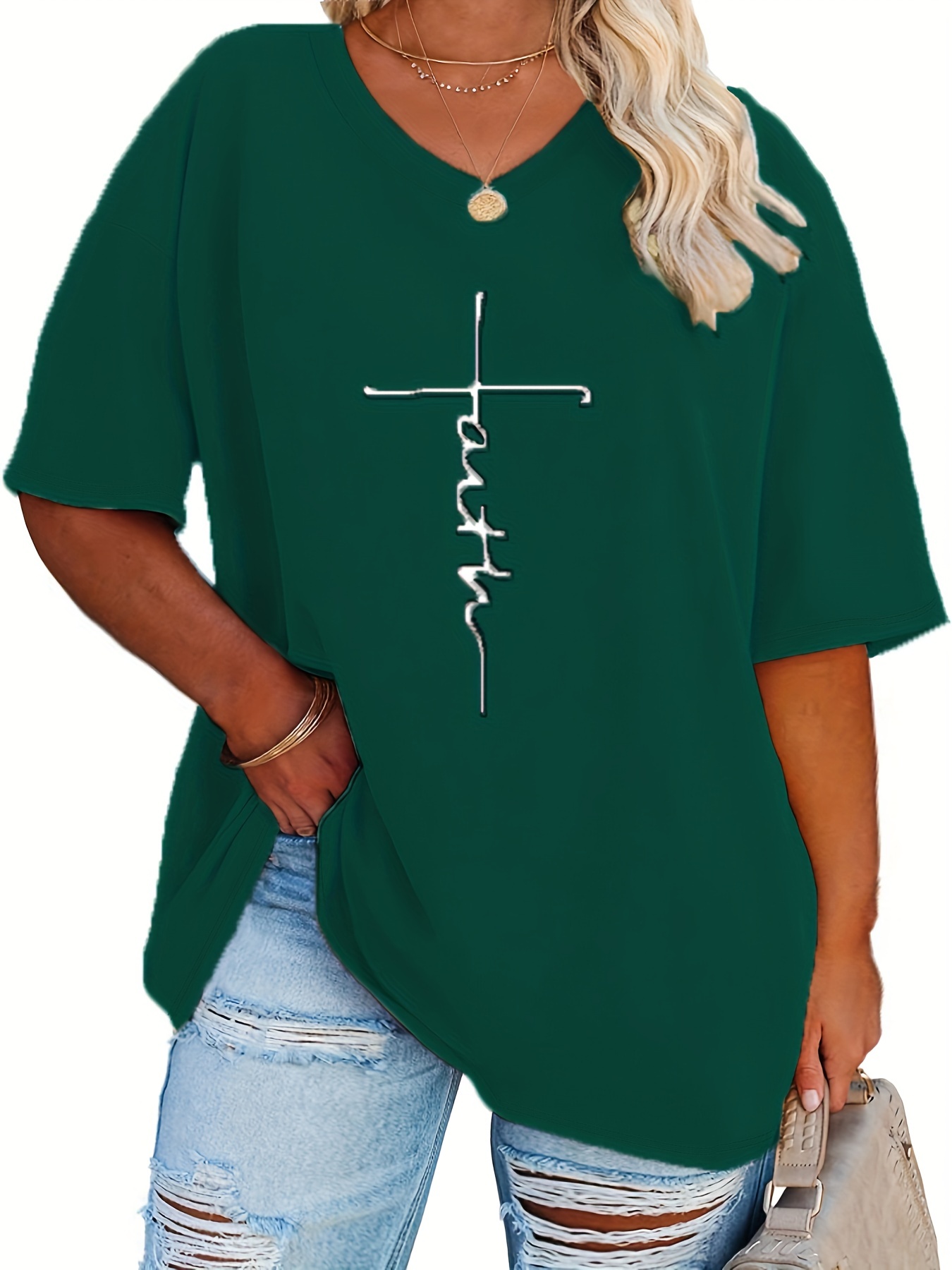 Plus Size - Women'S Plus Size V-Neck Casual T-Shirt - Short Sleeve, White with Black Letter Print, Lightweight Summer Tee for Casual Attire, Ladies T Shirts