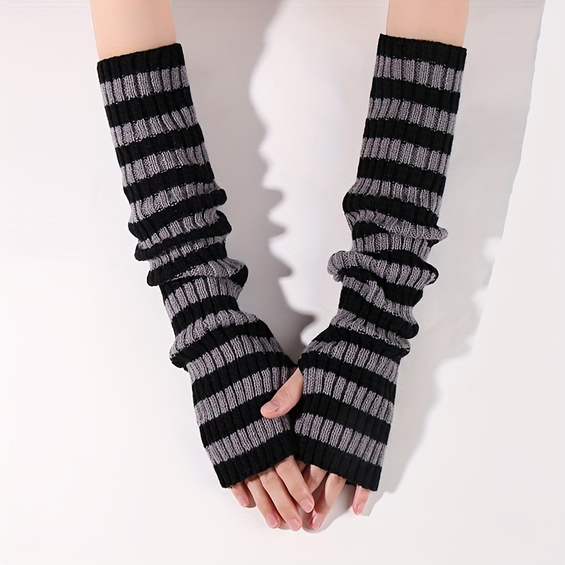 

Double Color Striped Knit Gloves Long Thick Soft Warm Arm Cover Autumn Winter Fingerless Windproof Gloves With Thumb Hole For Women