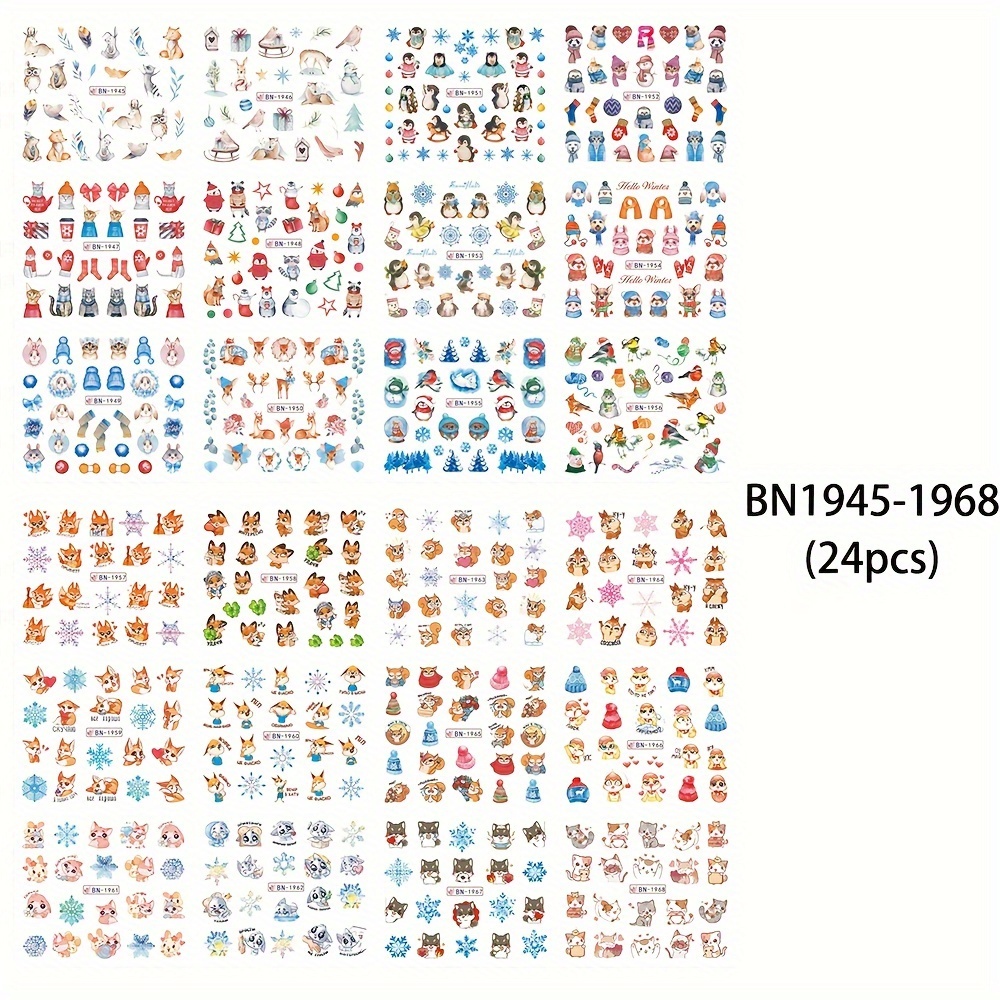 Image of 24pcs Christmas Nail Art Watermark Sticker Set Santa Claus Elk Christmas Tree Snowflake Cartoon Cute Small Decals Abstract Pattern Water Transfer Decals Nail Charms Nail Water Set