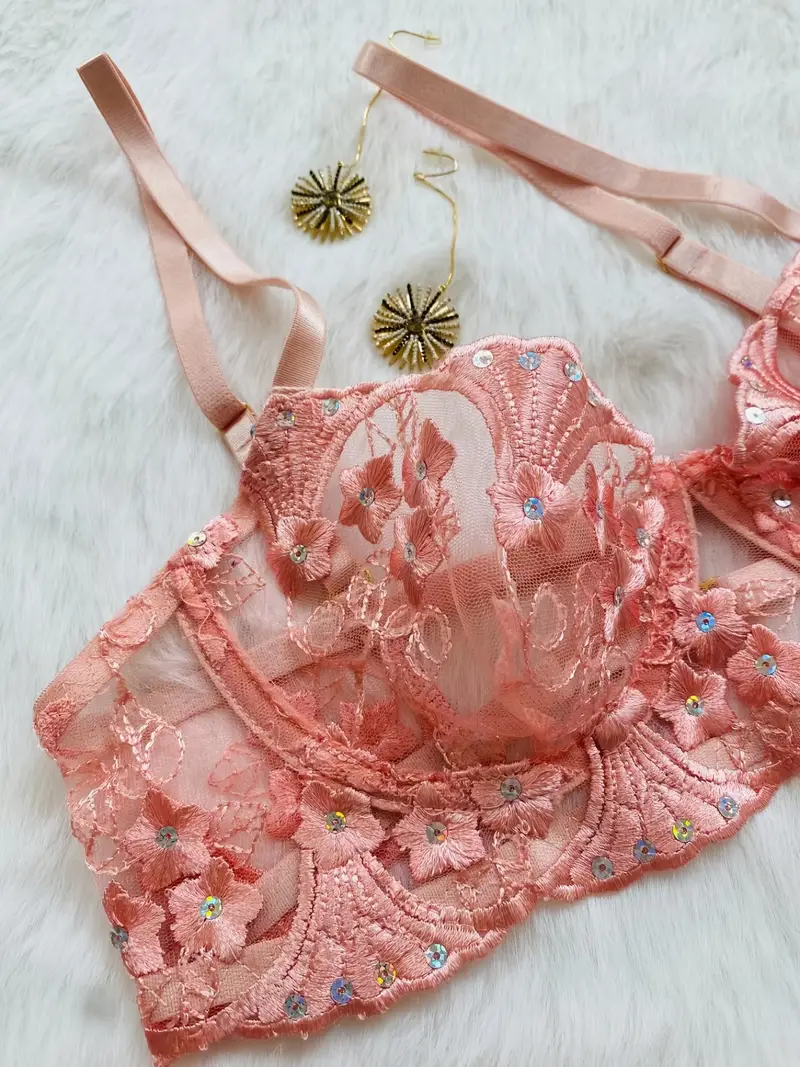 Solid Floral Embroidery Lingerie Set Lace Trim See Bra - Temu Germany