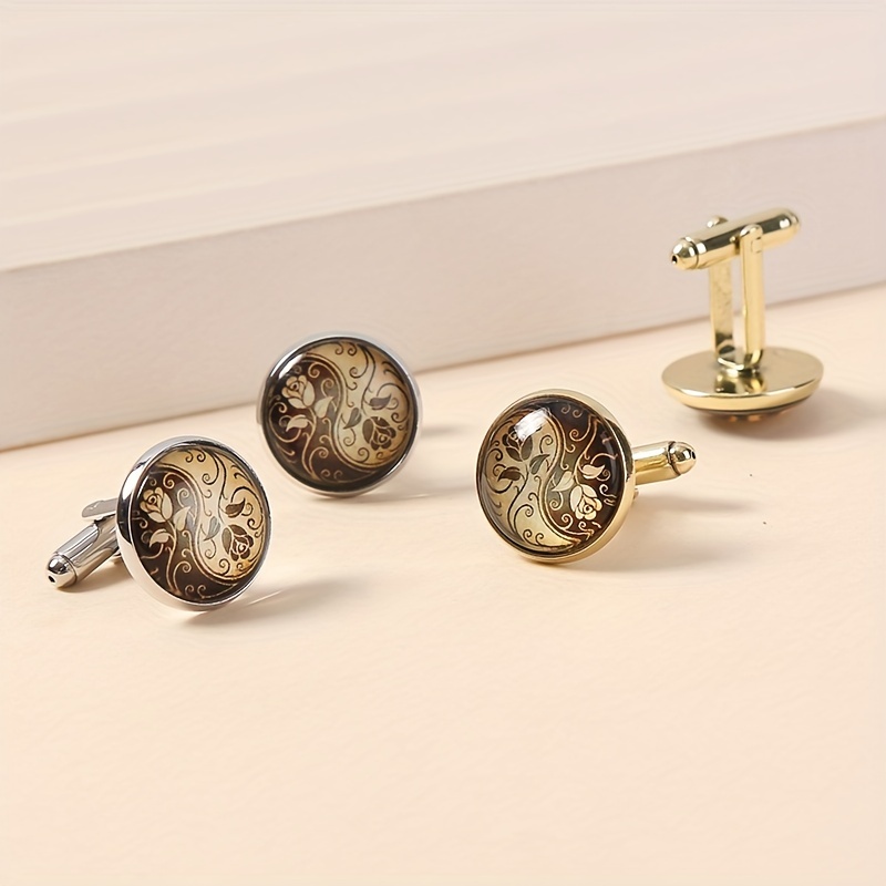 Round Engraved Rose Pattern Cufflinks for Women and Men