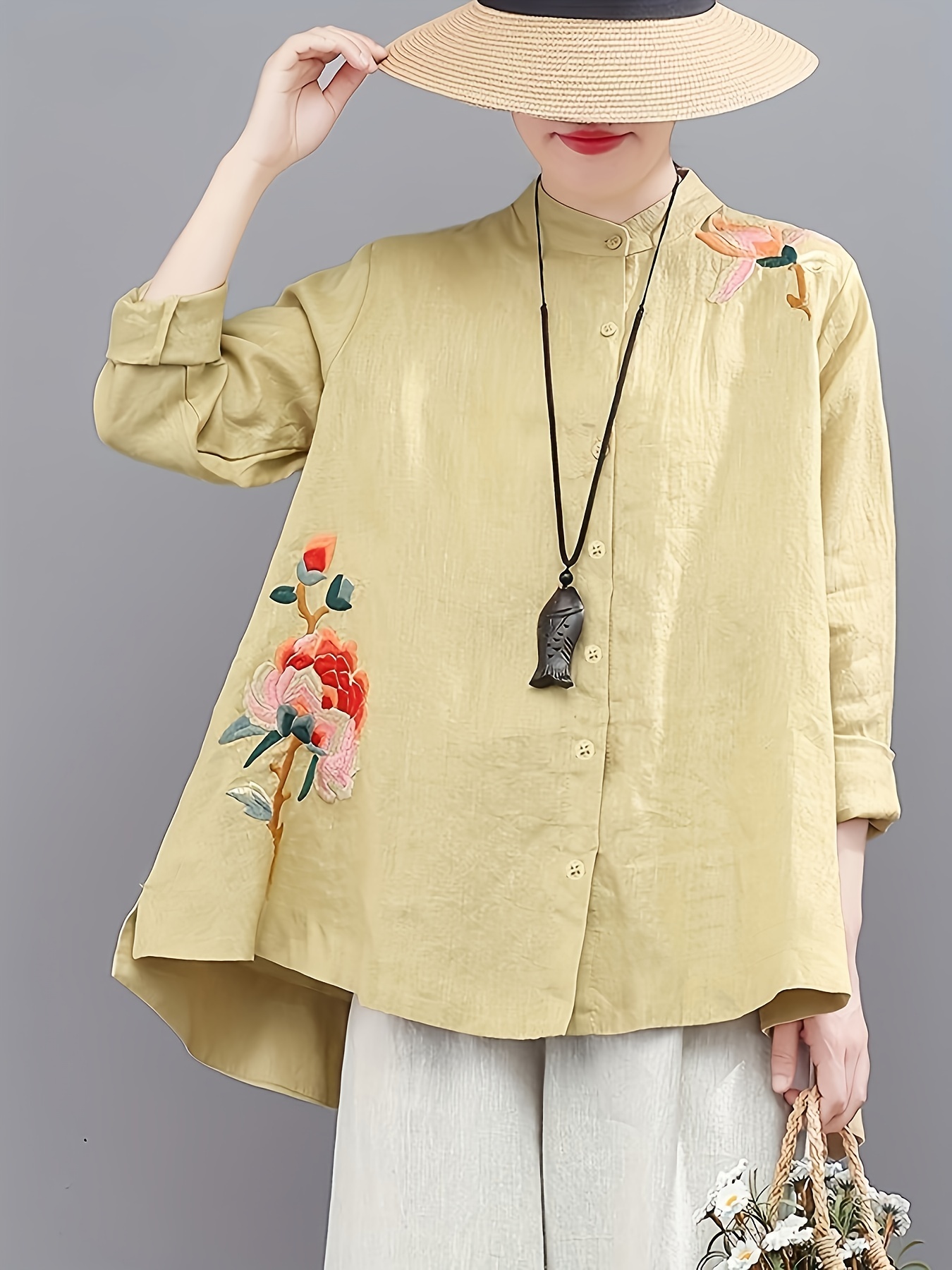 Chinese Retro Embroidered T shirt Long Sleeve Button Up High - Temu