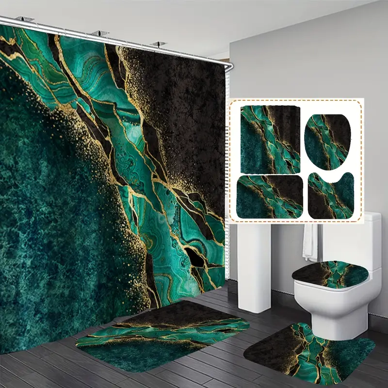 Bathroom Sets Rugs Shower Curtain, Green Marble Pattern Waterproof