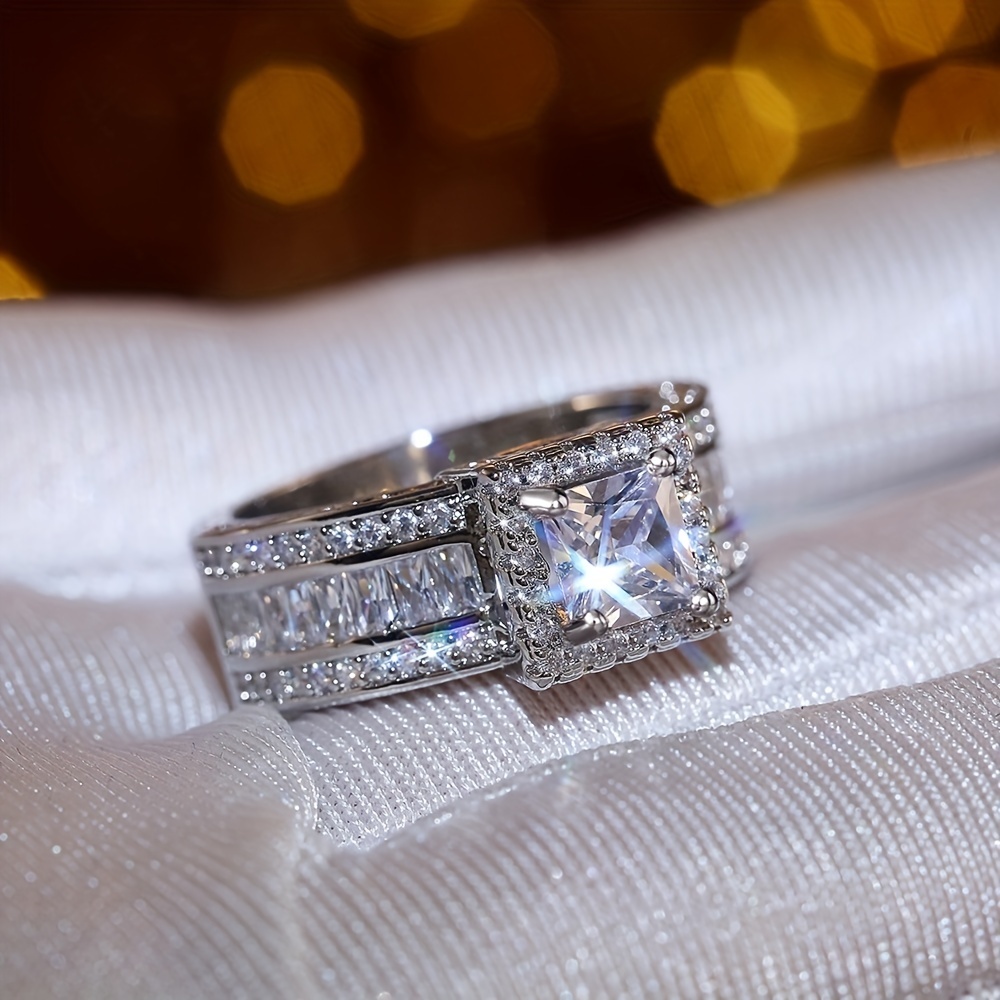 E-shop Modischer Quadratischer Weißer Synthetischer Zirkonia Ring für Frauen Männer, Romantischer Verlobungsring Ewiger Valentinstag Schmuck