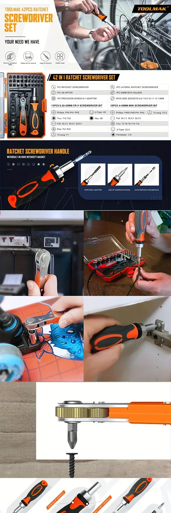 1 set ratcheting screwdriver set 42 in 1 ratchet wrench set with rotatable ratchet handles storage case household repair tool kits for bike Product details 0