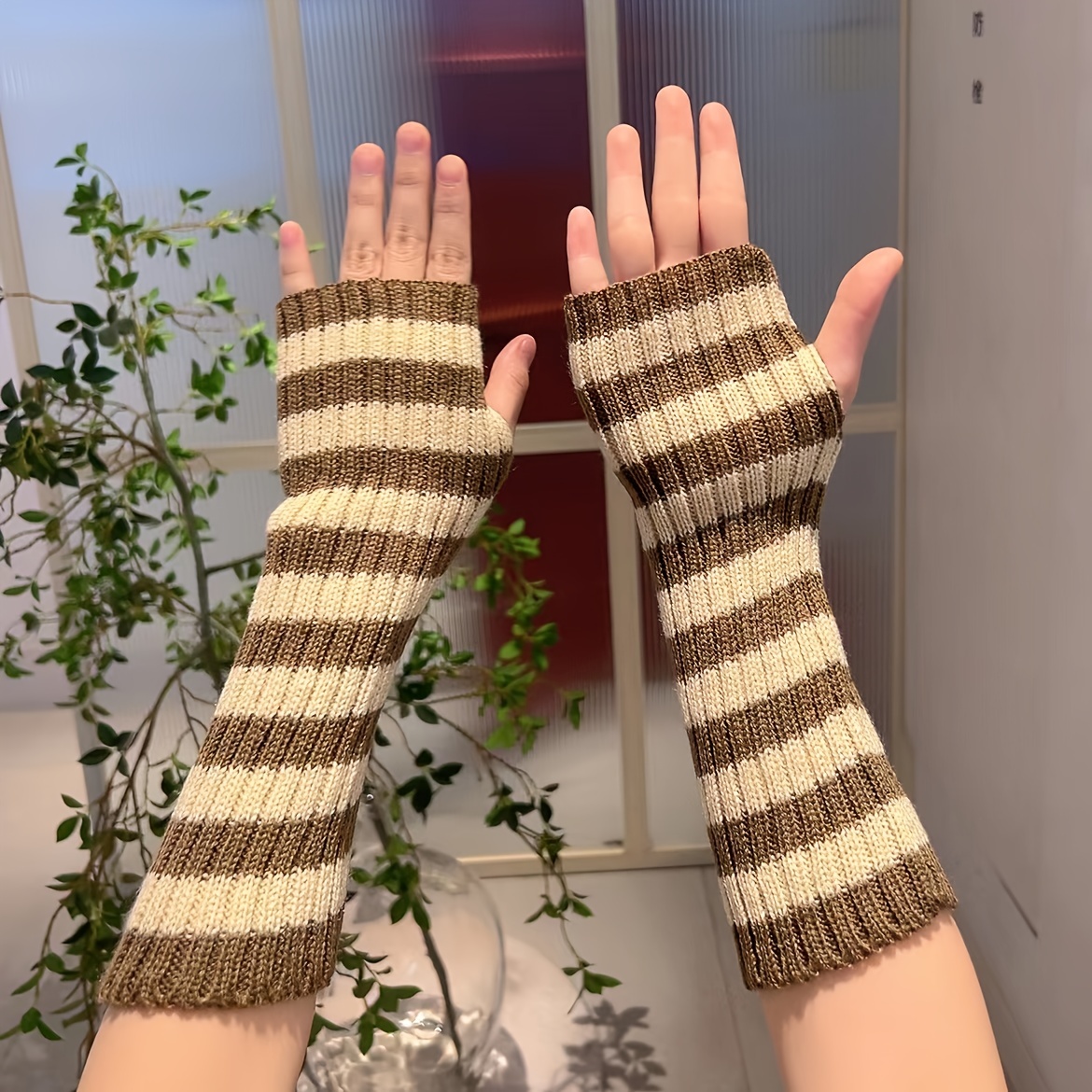 Two Tone Striped Fashion Long Gloves Fingerless Arm Cover - Temu