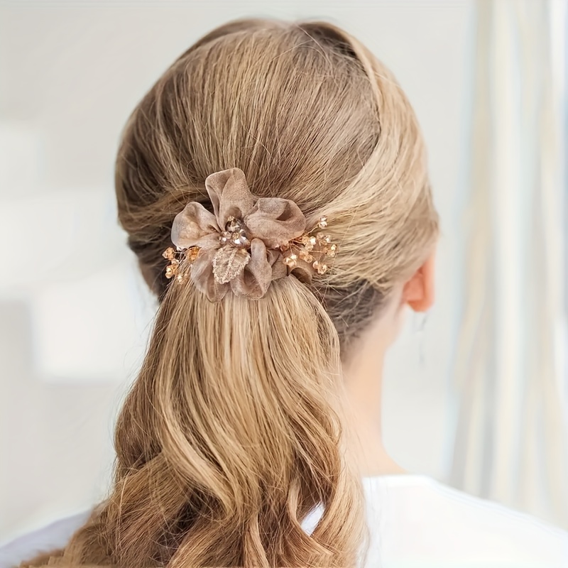 kløft nå skære ned Elegant Glitter Zircon Decor Hair Ties Organza Flower Hair Scrunchies  Ponytail Holder Hair Accessories For Women Girls - Temu