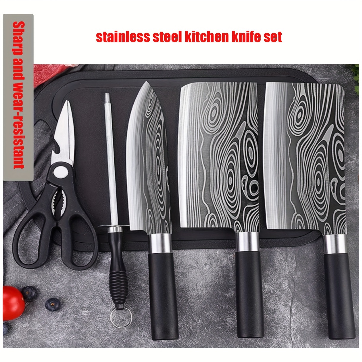 Damascus Pattern Kitchen Knife Set, Laser Pattern Slicing Knife, Bone Cutting  Knife, Stainless Steel Knives, Household Knife Set, Kitchen Gadgets,  Cheapest Items - Temu