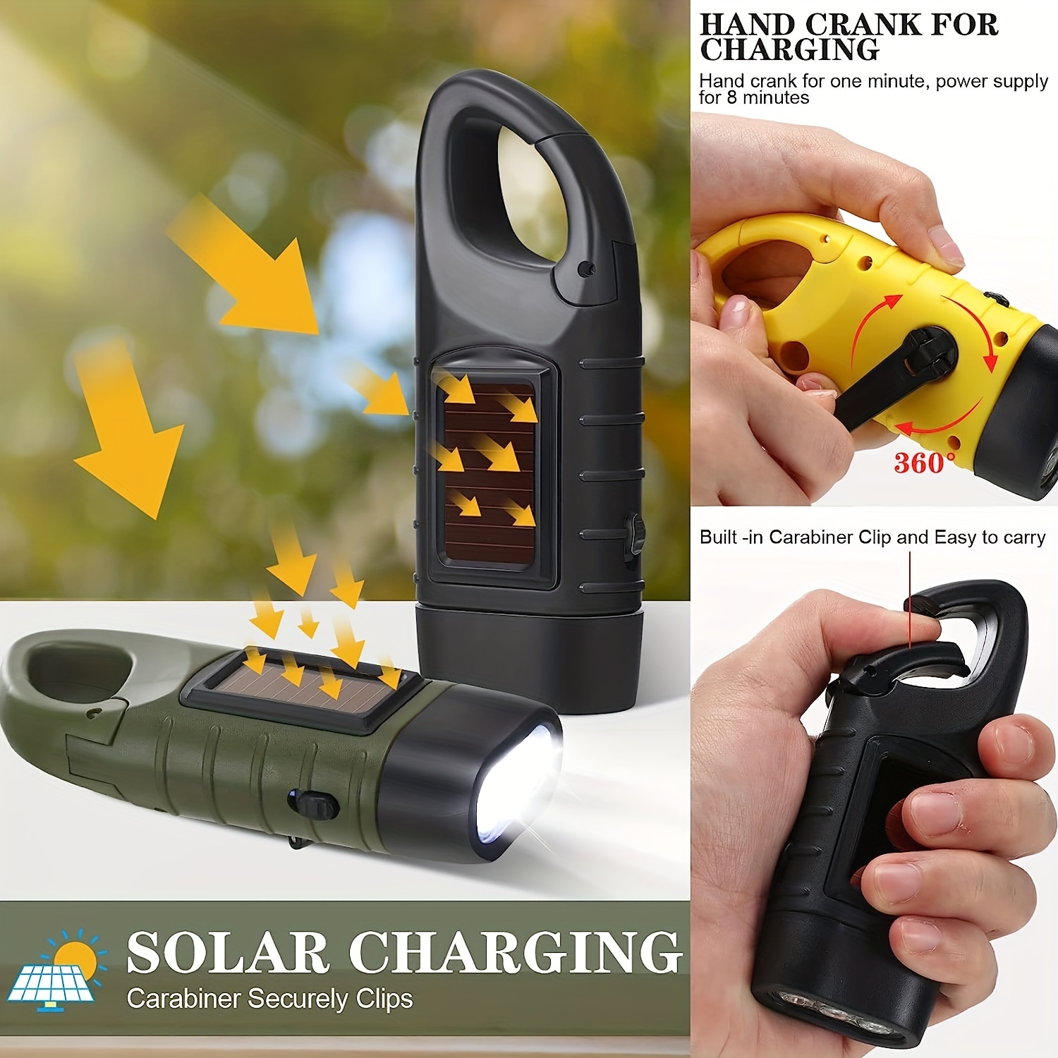 Hand Crank Solar Powered Flashlight, Emergency Rechargeable LED Flashlight, Survival  Flashlight, Quick Snap Carabiner Dynamo Flashlight Torch for Outdoor  Sports, Green