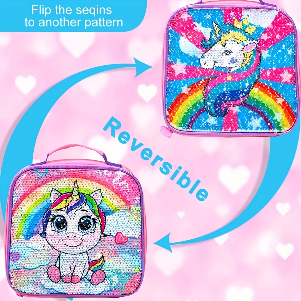 School Bag Set Cartoon Unicorn Sequin Backpack Lunch Bag - Temu