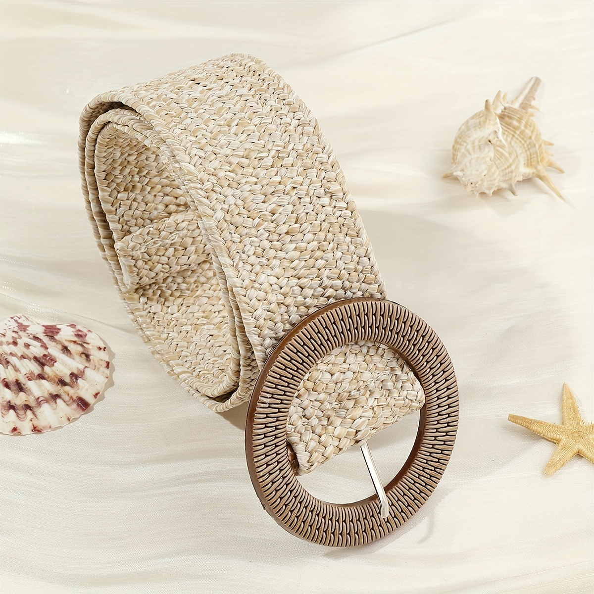 Image of 1pc Beach Style Pp Grass Belt, Bohemian Belt, Elastic Wide Belt, Round Adjustable Waist Belt