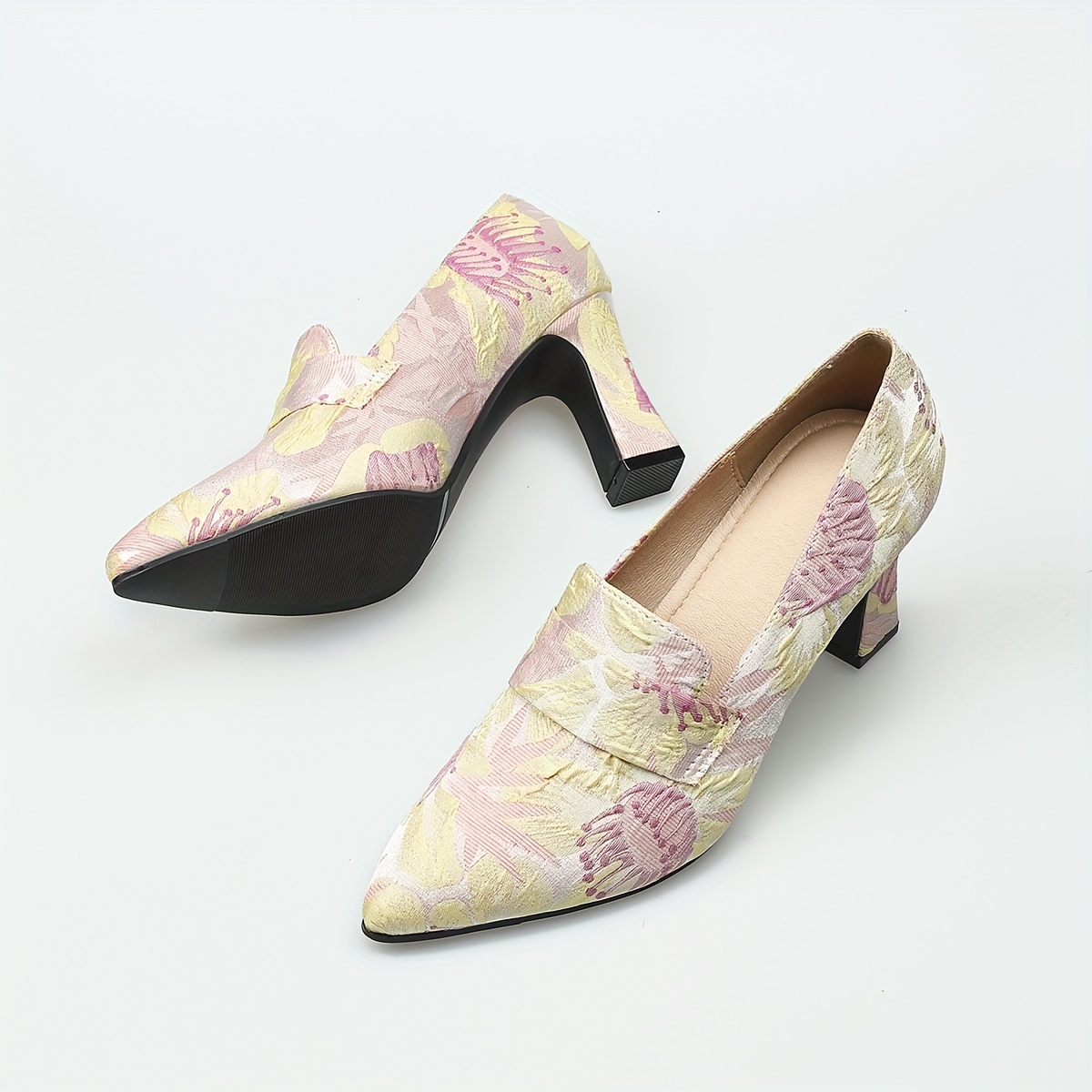 Women's Floral Embossed High Heels Pointed Toe Slip On Soft Sole Chunky Heels