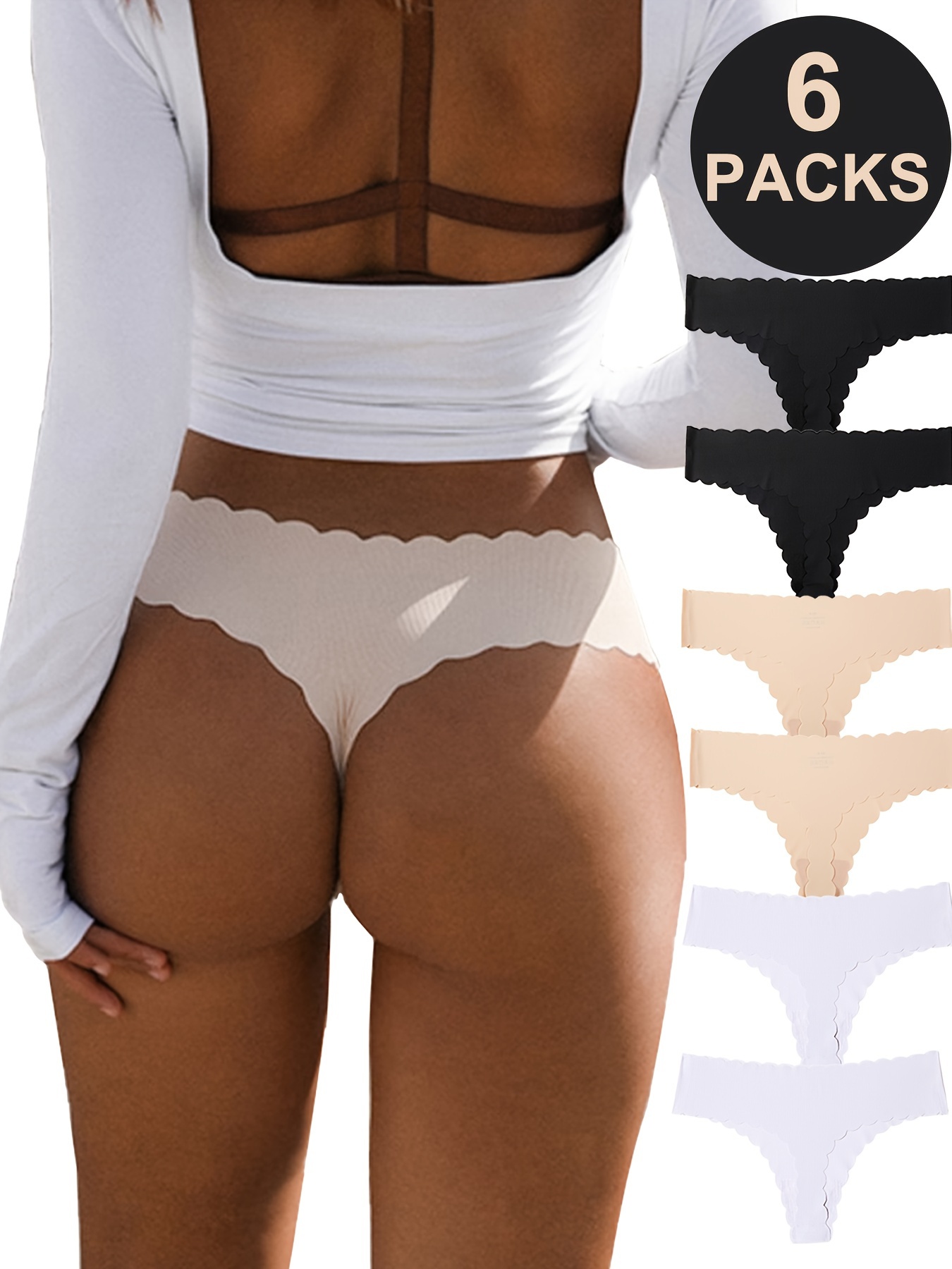 6pcs Seamless Scallop Trim Thongs, Soft & Comfy Stretchy Intimates Panties, Women's Lingerie & Underwear