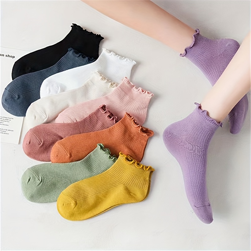 

10 Pairs Ribbed Lettuce Trim Socks, Comfy & Breathable Short Socks, Women's Stockings & Hosiery