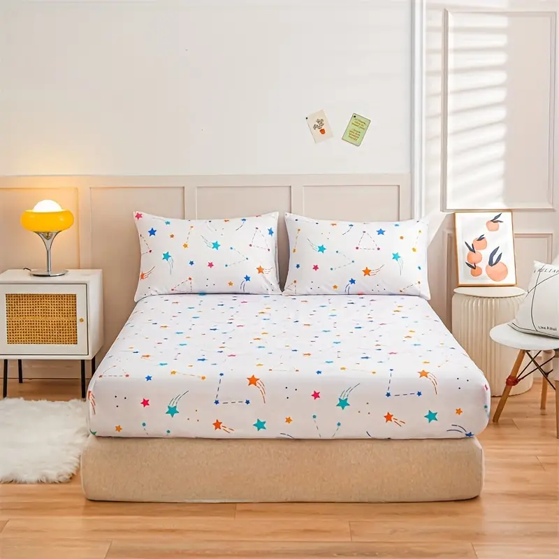 Soft And Breathable Star Print Fitted Sheet Set With Non-slip And