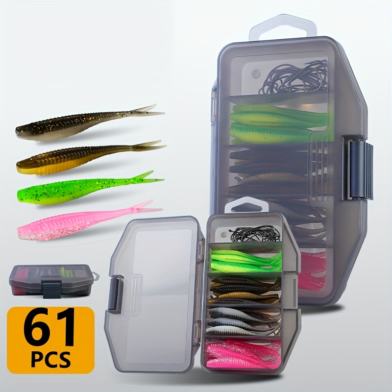 

61pcs Soft Fishing Lure Bait Full Set, Artificial Bionic Fake Bait Cutting Tail Fish With Crank Hook, Two-color Fork Tail Fish Soft Bait Soft Bug Bait