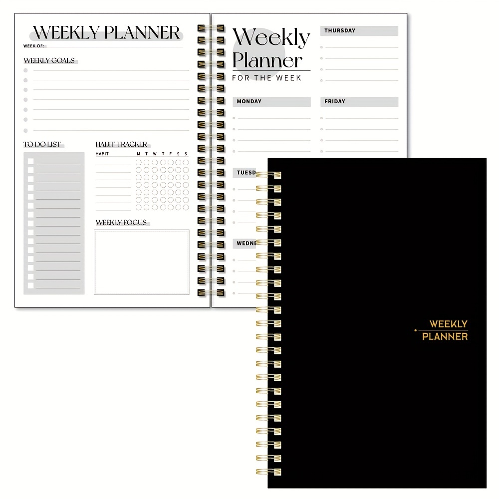 

1pc Planner Weekly And Daily Notebook Spiral Day Plan Black Academic Appointment Book 52 Weeks Agenda Journal To Increase Productivity, Stationery Office Supplies, 53 Sheets, 106 Pages