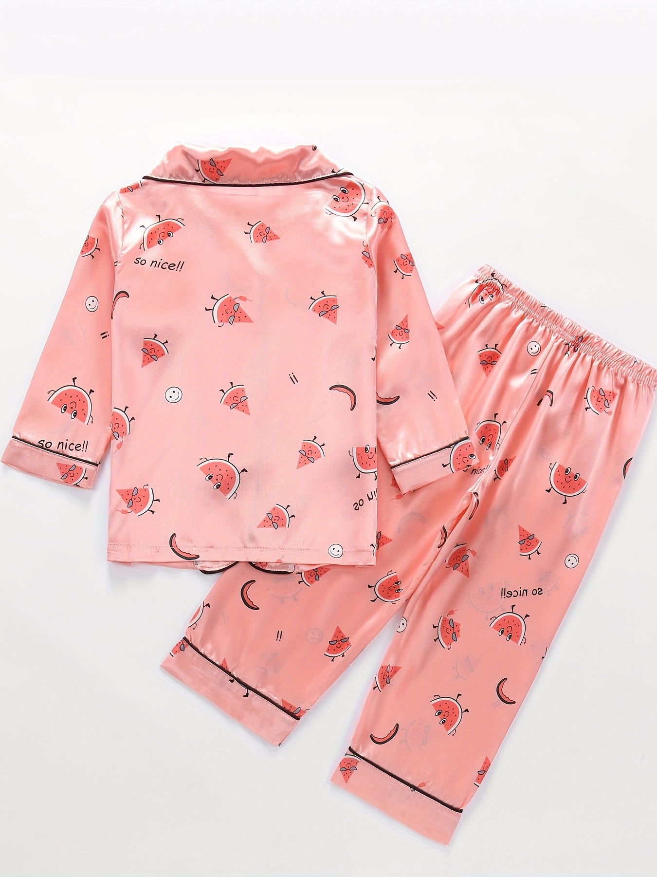 Cartoon Pattern Kid's Satin Pajamas, Button Front Top & Pants Set