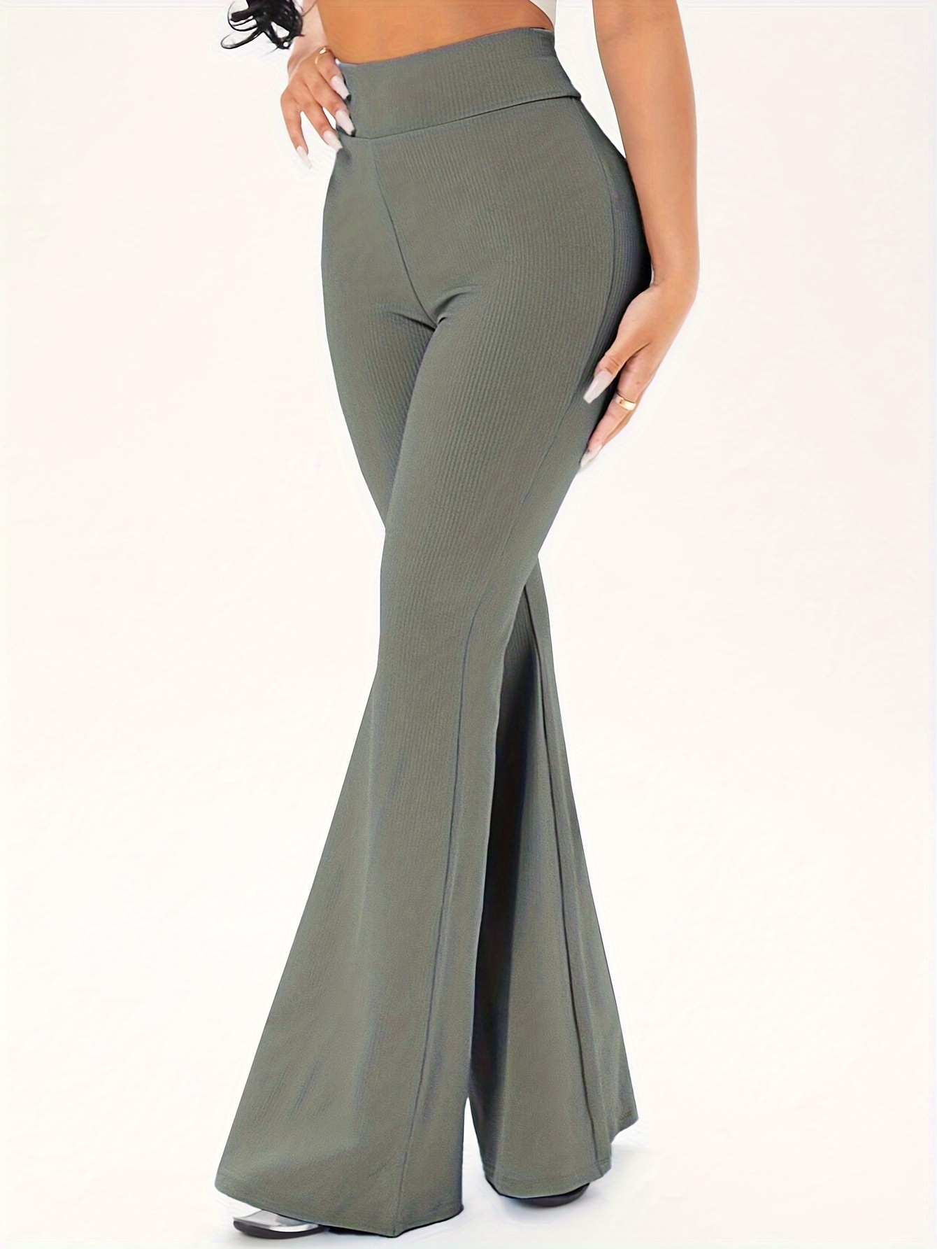 Solid Color Flare Leg Pants Elegant High Waist Forbidden - Temu Canada