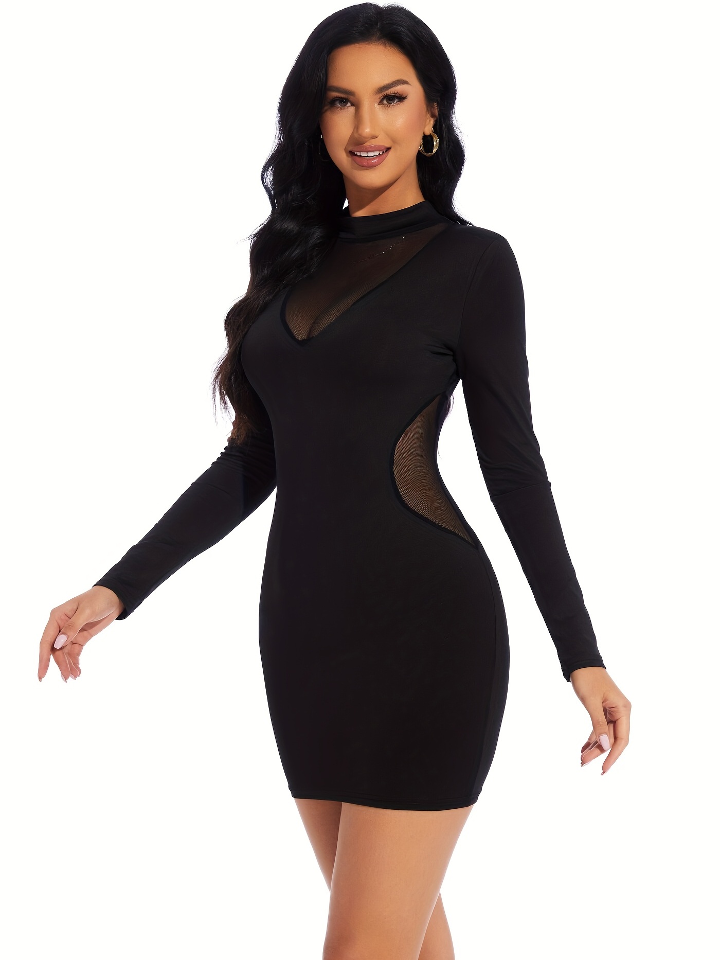 50s contrast mesh solid dress solid contrast mesh round neck long sleeve dress