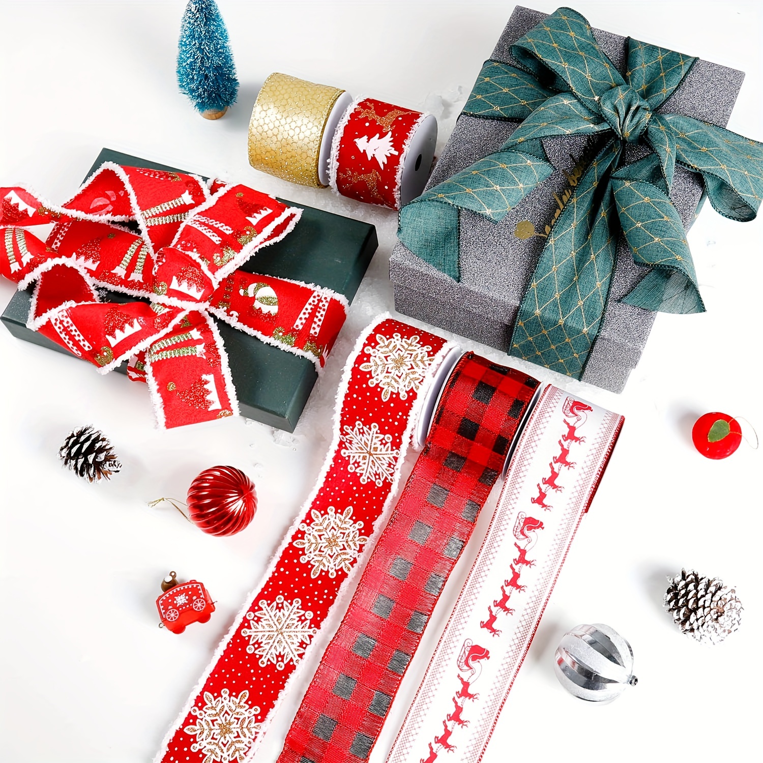 Christmas Forest Fabric Wrapping with Red Ribbon