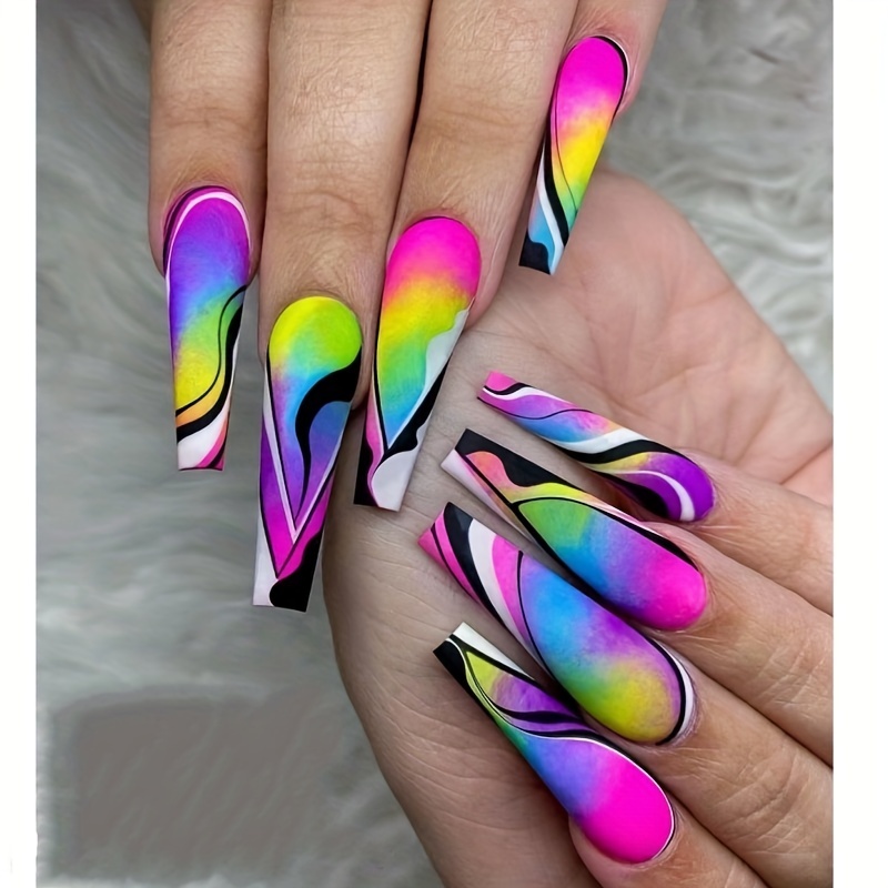 Faux ongles à pression française, dégradé arc-en-ciel, ombré