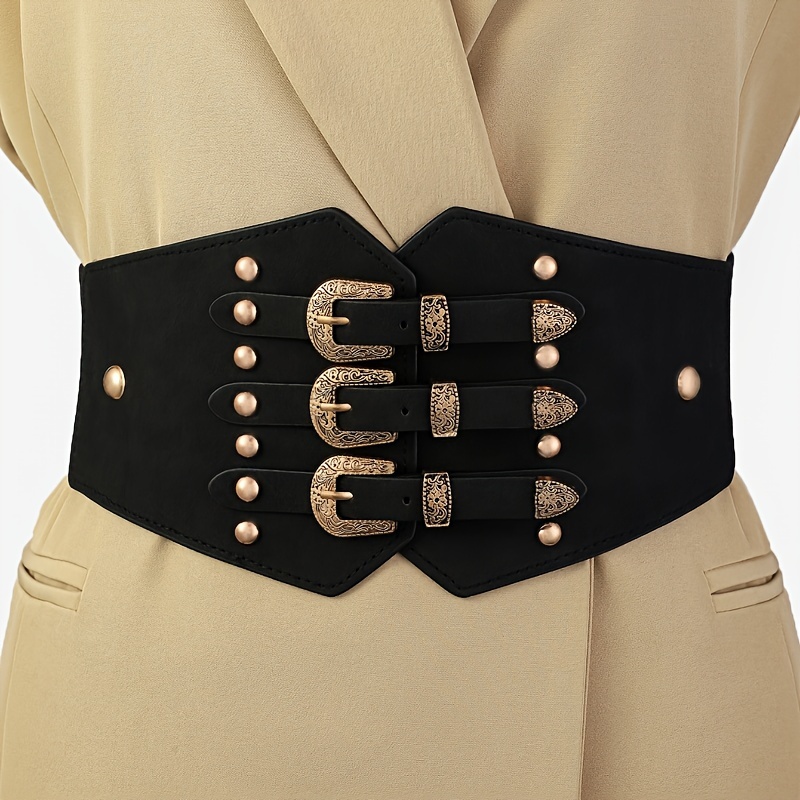 Gothic Lace Up Wide Belts Vintage Black Elastic PU Leather Belts Classic  Corset Waspie Waistband Trendy Dress Coat Girdle For Women Girls