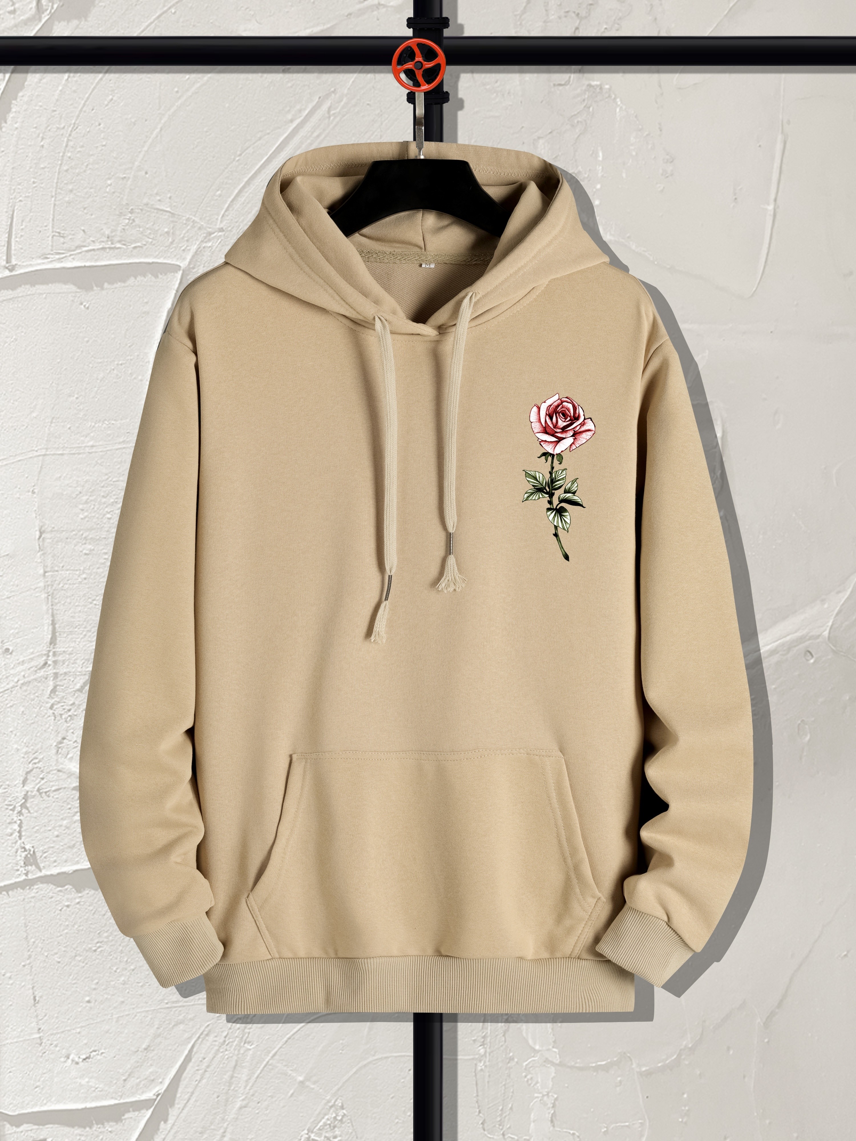 Men rose print pocket front hoodie online