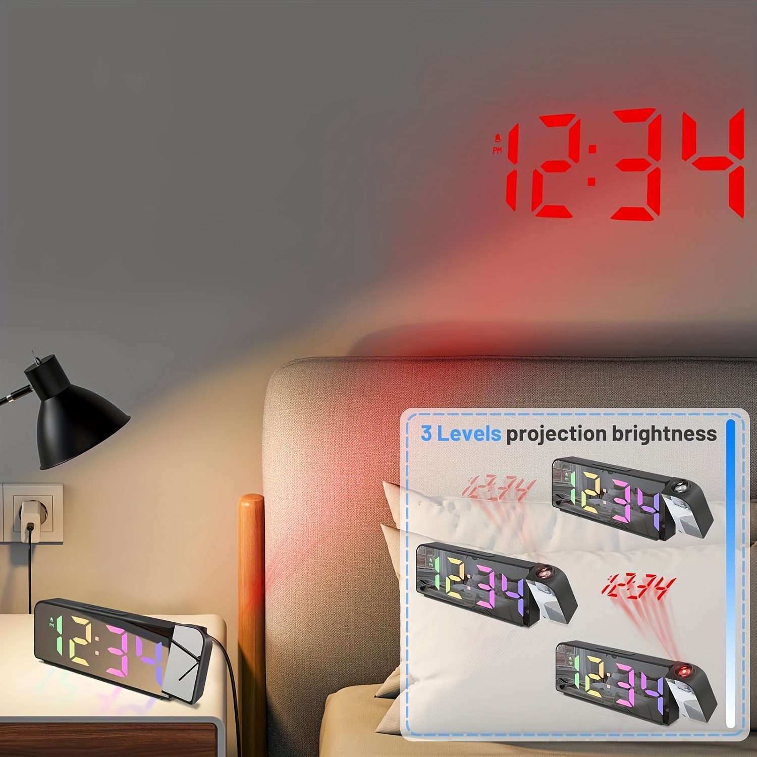 Réveil à Projection Plafond Horloge Digitale avec Gradateur D'écran Miroir  et De Projecteur 15 Volume