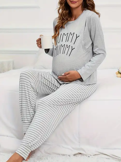 Pregnant Women's Maternity Casual Nursing Pajamas Sets, Letter TUMMY *  Graphic Print Open Breastfeeding Button Long Sleeve Crew Neck Shirt & Comfy