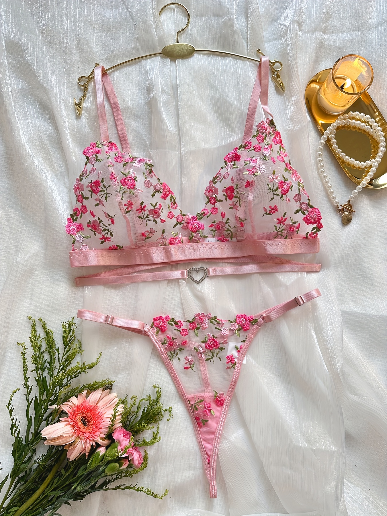 Floral Embroidery Lingerie Set Cut Out Unlined Bra Mesh - Temu France