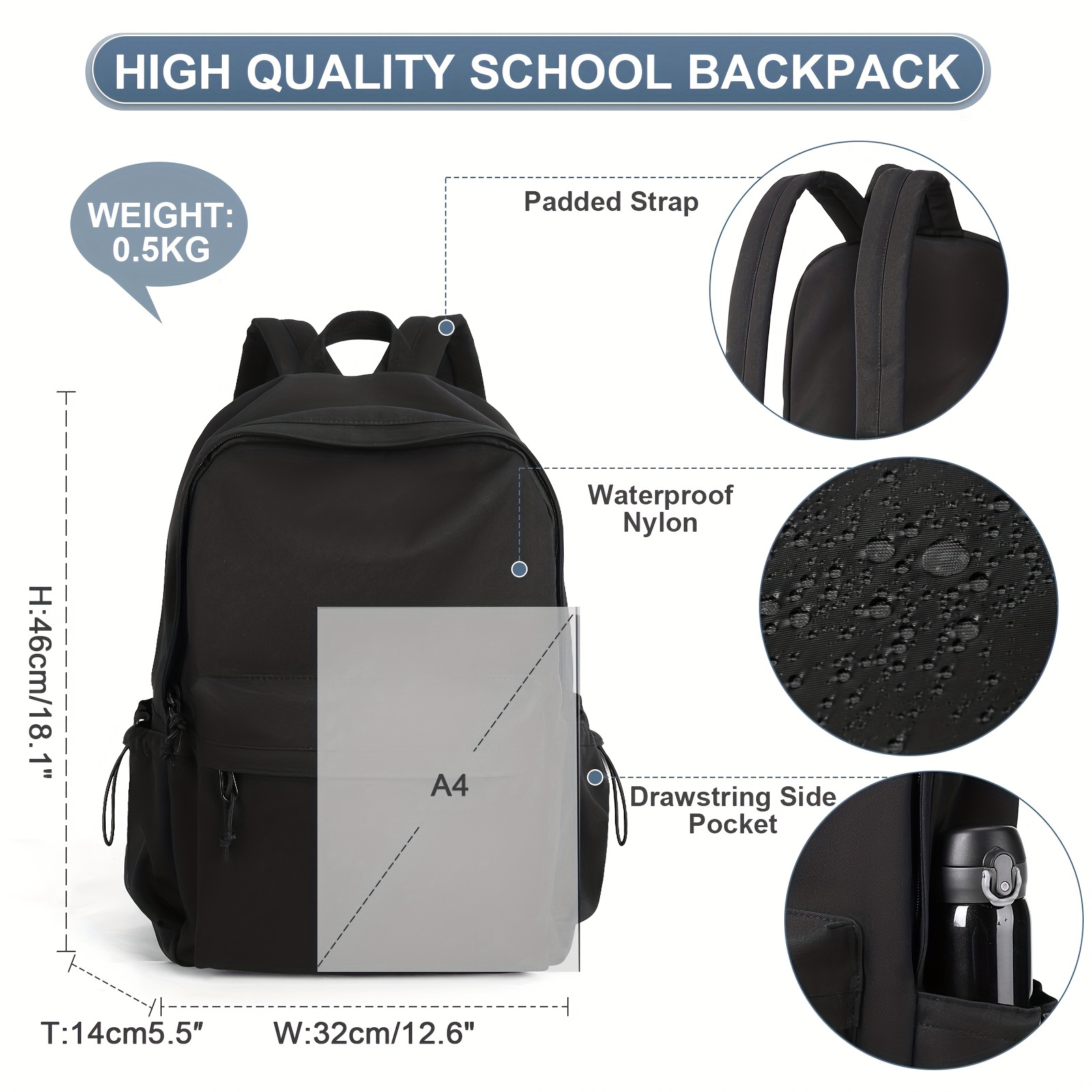 Solid Laptop Backpack Preppy Style Lightweight Travel Bookbag