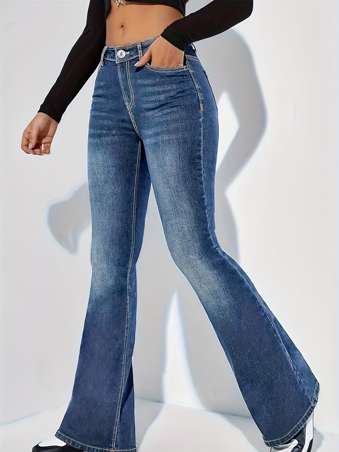 Pantalones de mezclilla de encaje para mujer, cintura alta, sexy, con  bolsillo hueco, lavados, desgastados, elásticos, ajustados