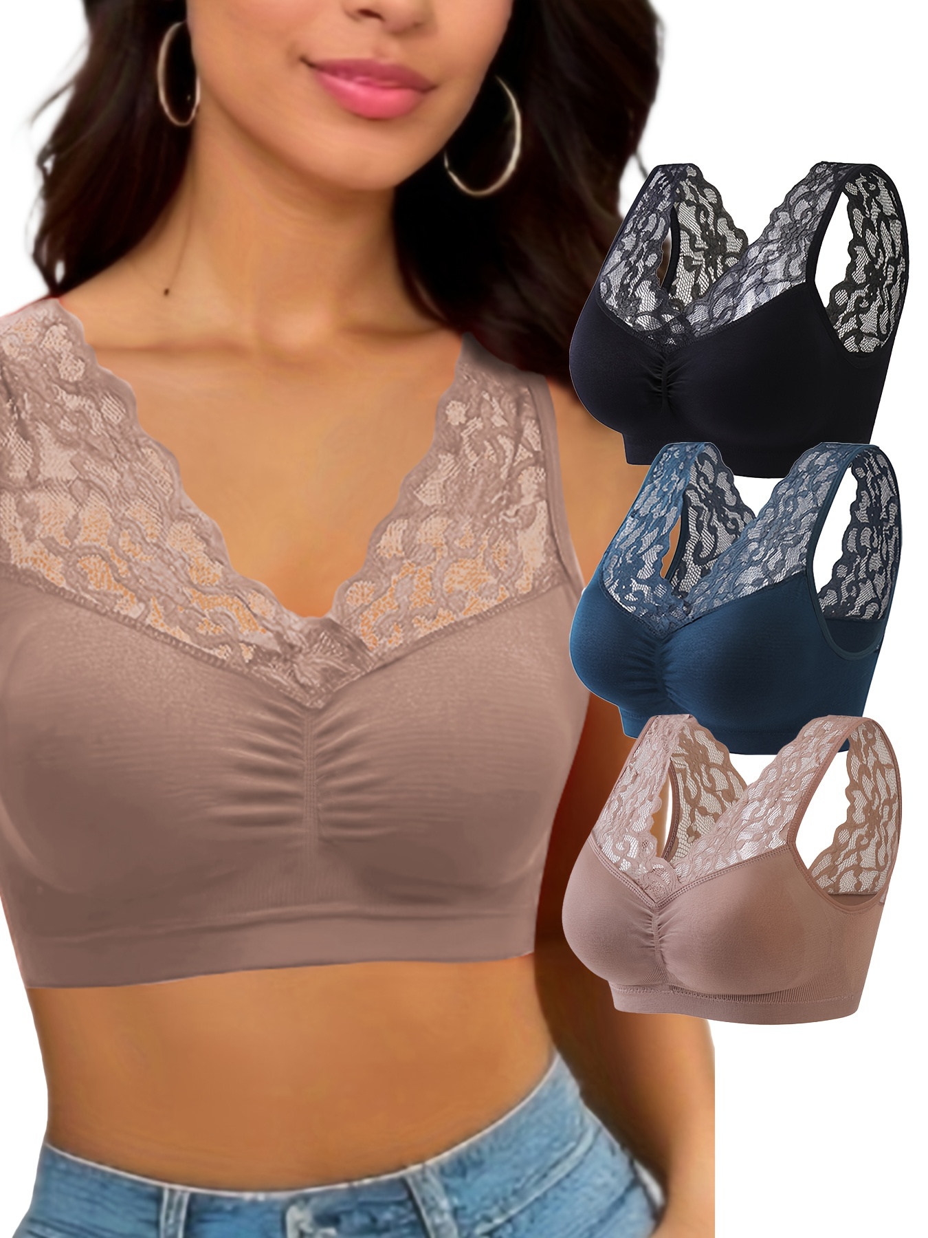 Plus Size Solid Lace Tube Casual Bra Button Front Wireless
