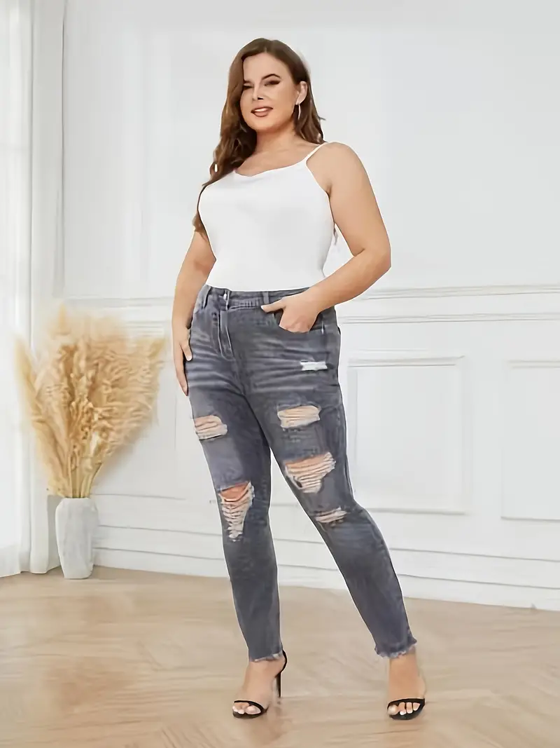 plus size retro jeans womens plus ripped low waisted raw hem high stretch washed denim pants details 5