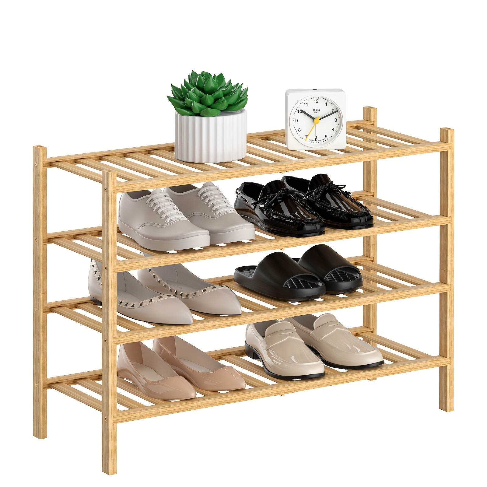 Shoe Rack 3 Tier, Natural Bamboo Stackable Shoe Shelf Shoe Storage