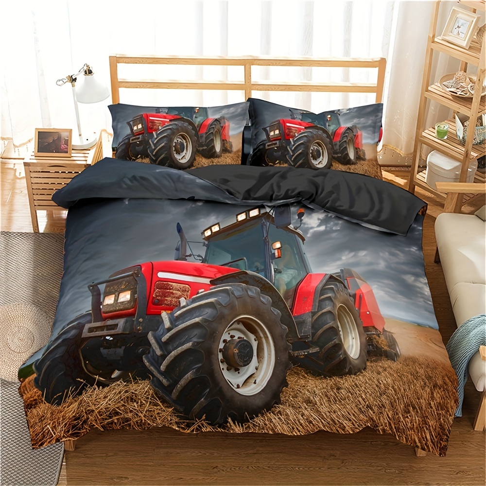 2/3 Stücke 3D Traktor Druck Bettbezug Set (1 Bettbezug + 1/2 Kissenbezug,  Ohne Kern), Landwirtschaftliche Maschinen LKW Bettwäsche Set Für