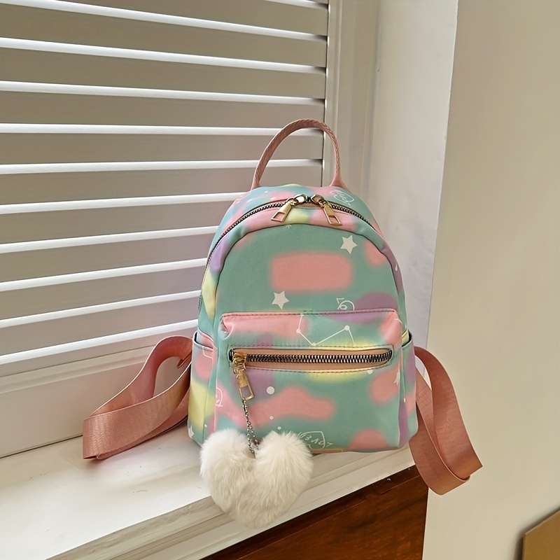 Kids Colorful Backpack w/Plush Love Charm Cute Nylon Gift