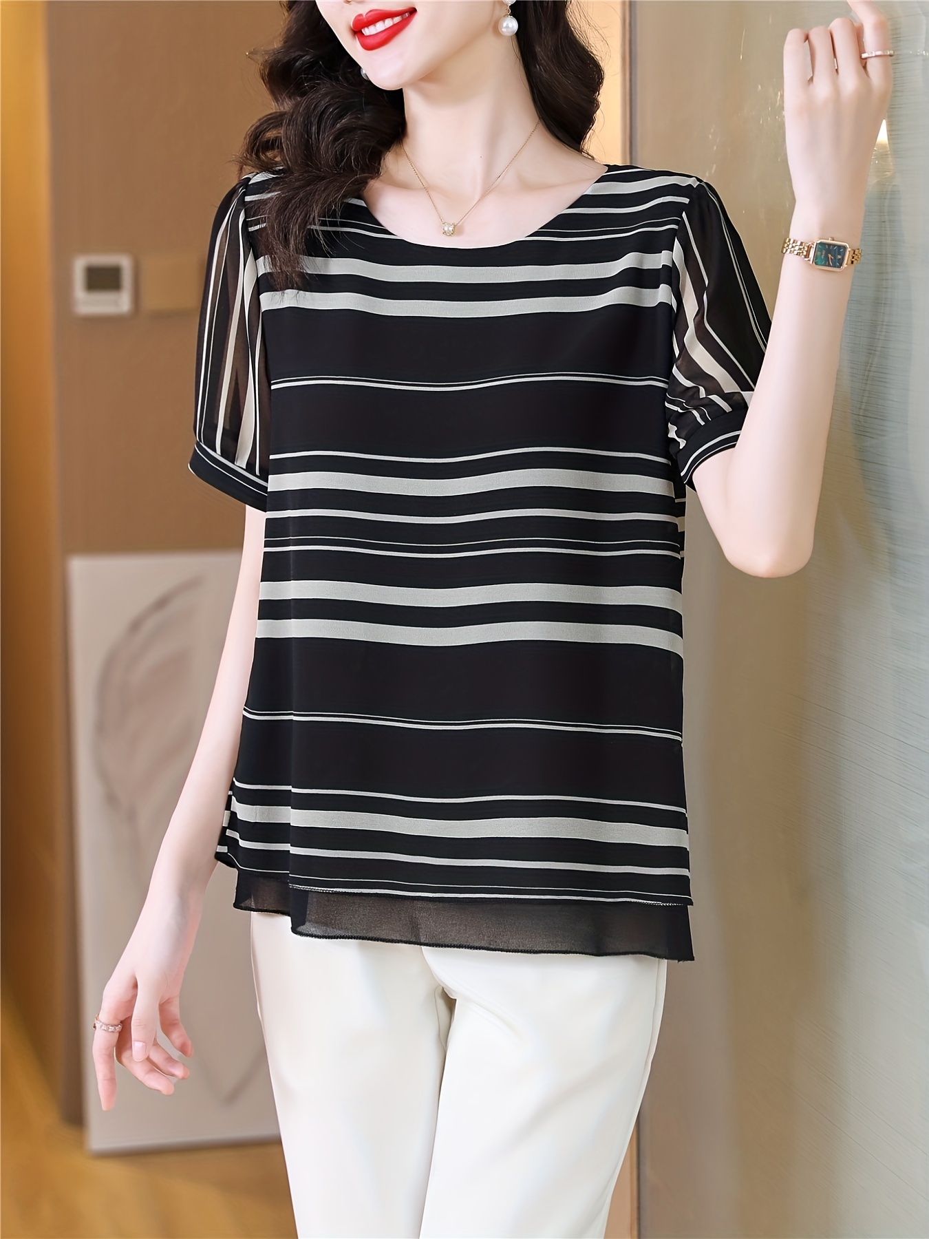 Striped Print Simple Blouse Elegant V Neck Long Sleeve Work - Temu