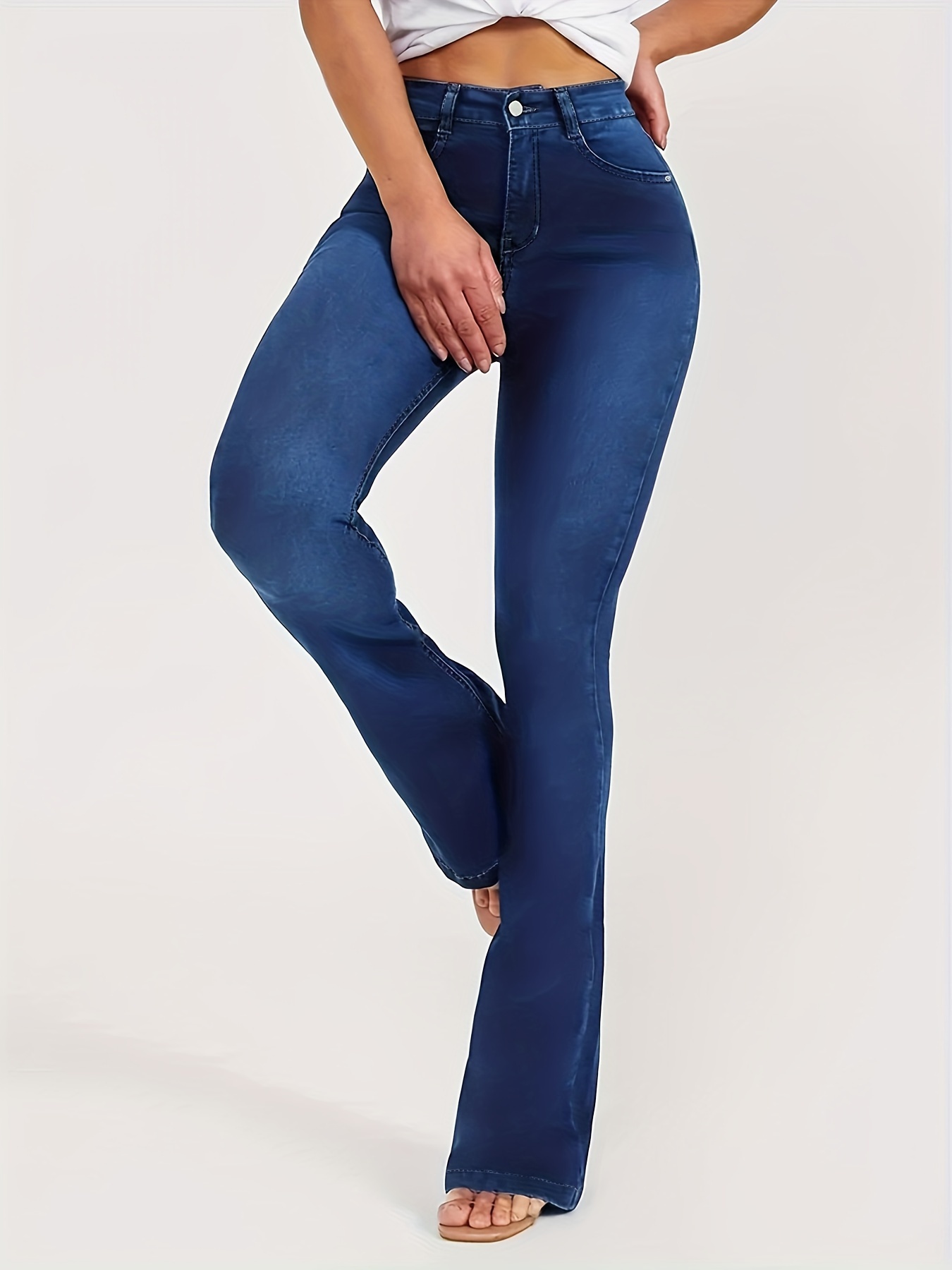 Dark Blue Slim Fit Flared Jeans High stretch Bell Bottom - Temu
