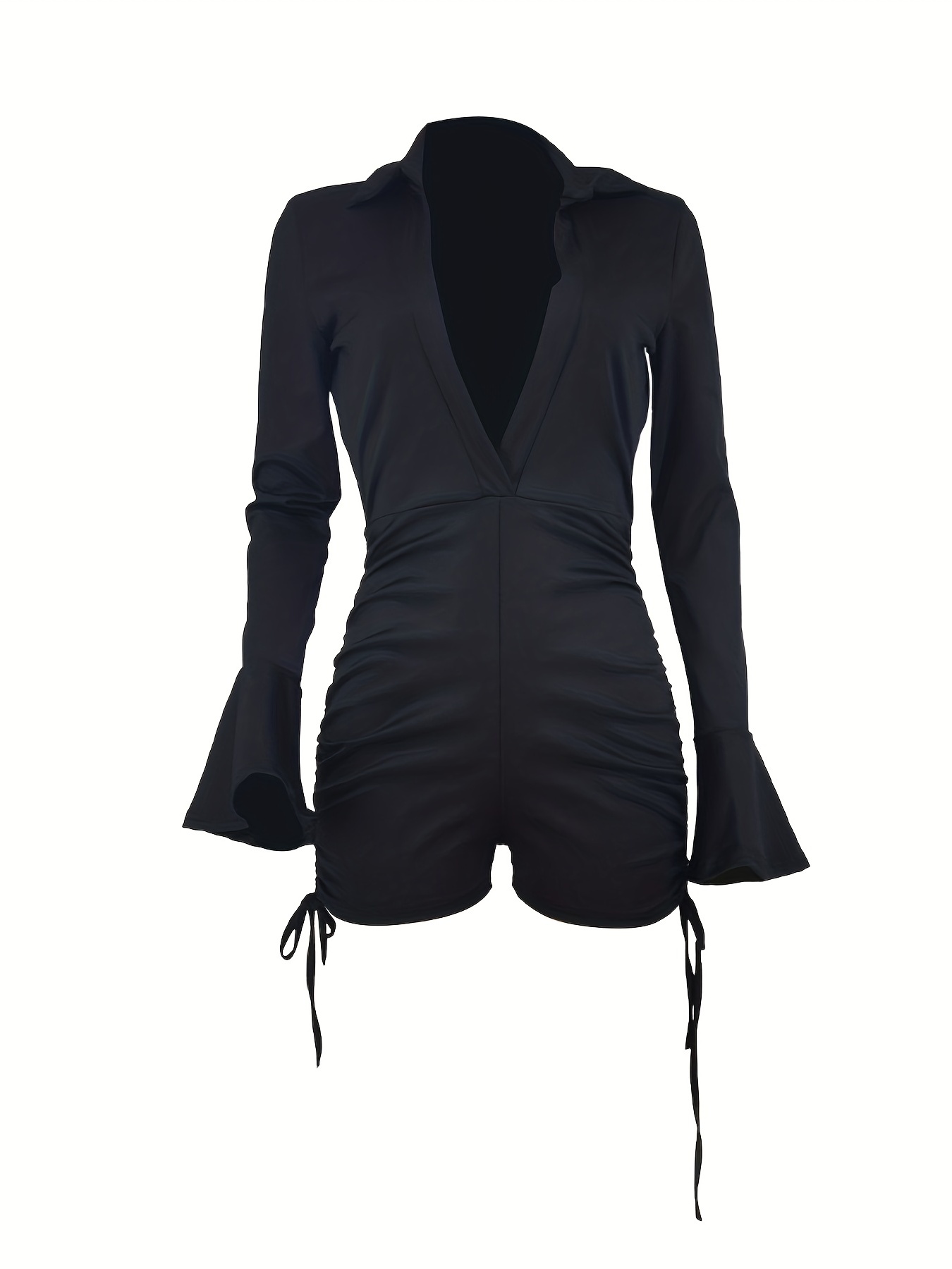 Ruched Plunging Jumpsuit Sexy Solid Long Sleeve Drawstring Temu