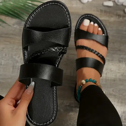 Women's Braided Flat Slide Sandals, Open Toe Faux Leather Non Slip ...
