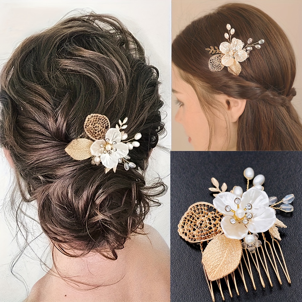 

1pc Faux Pearl Flower & Leaf Decor Hair Comb Handmade Braided Hair Pin Bridal Wedding Headwear Non Slip Hair Styling Accessory