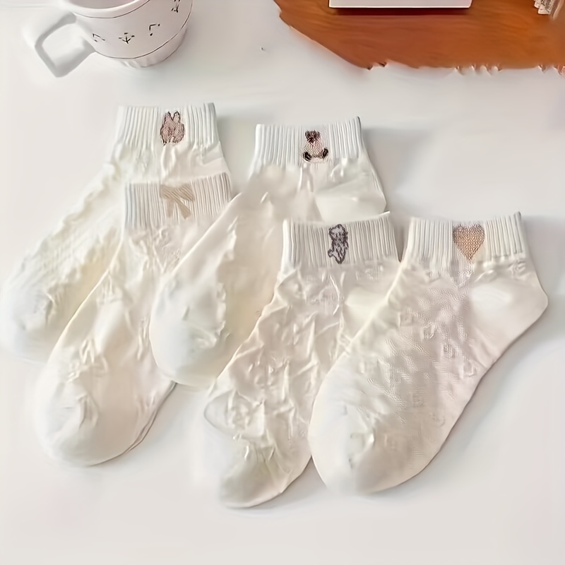 5 pares de calcetines dulces de color sólido, transpirables y absorbentes  del sudor, bonitos calcetines tobilleros con estampado de oso y corazón,  medias y calcetería para mujer - Temu